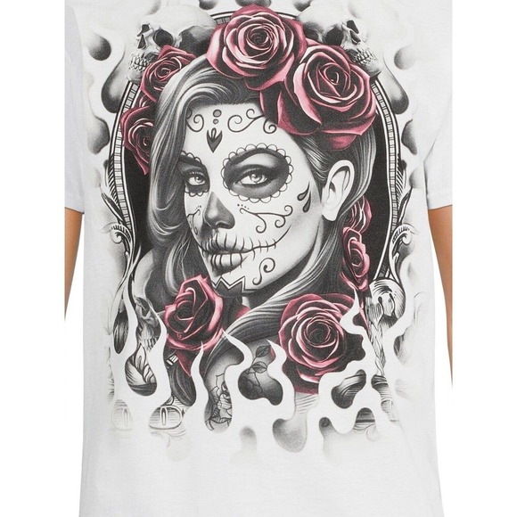 Humor Men's Large Flame Roses Pinup Graphic T Shirt Short Sleeve White - Picture 3 of 3